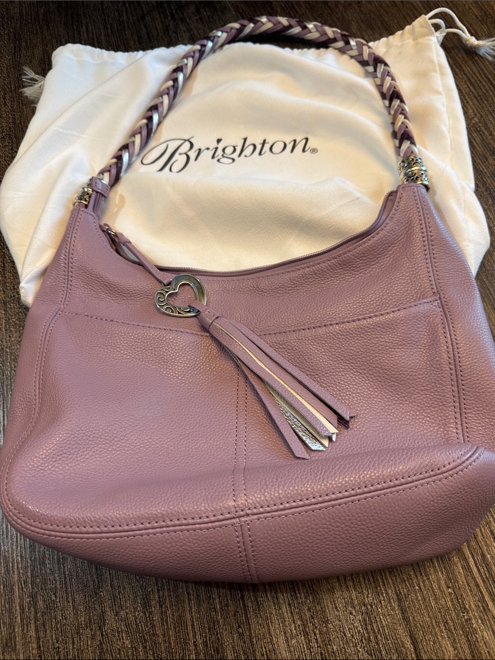Brighton Lavender-Pink Pebbled Leather Hobo with Braided Strap